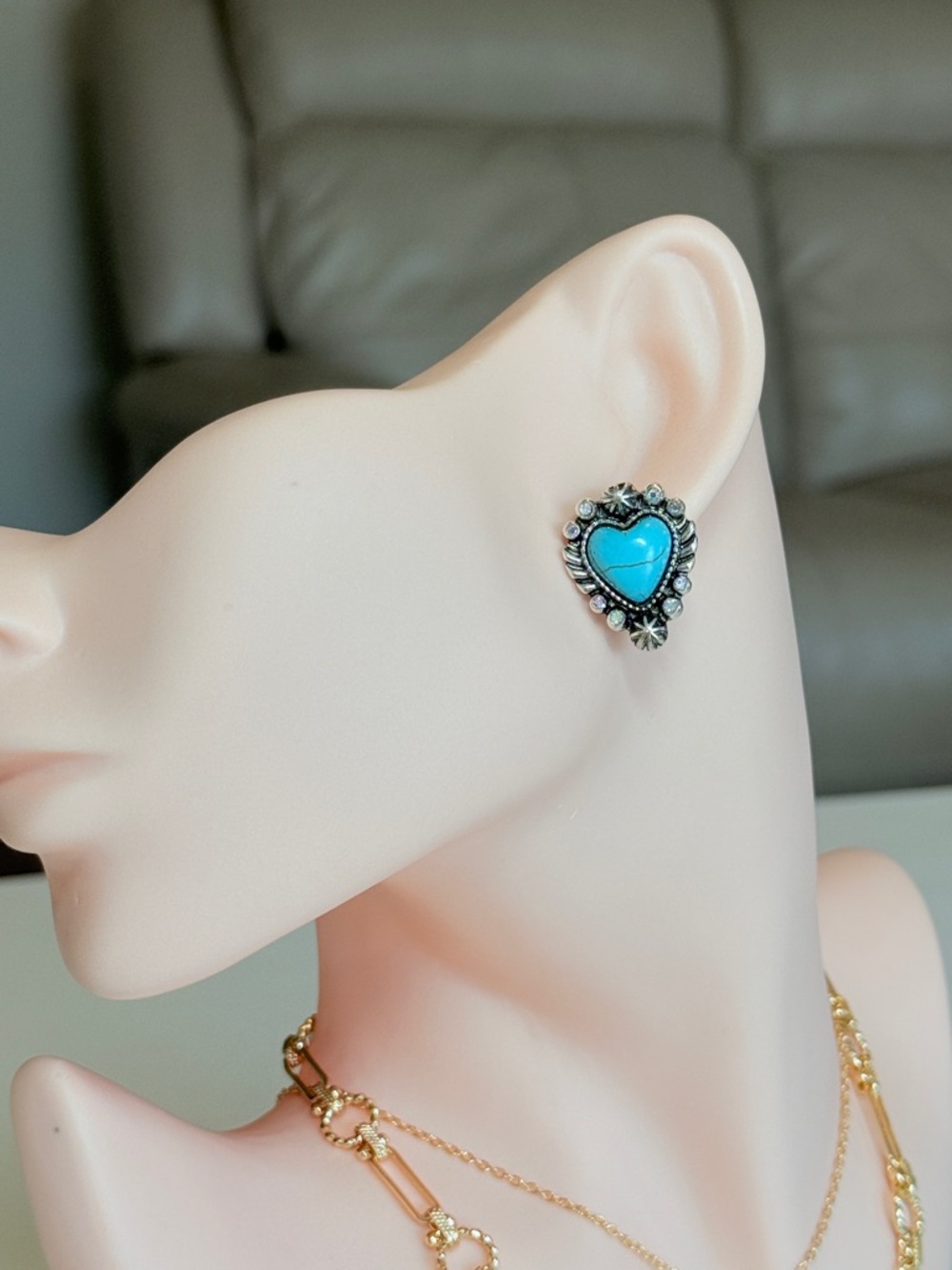 Turquoise Heart Stud Earrings - Picture 3 of 12